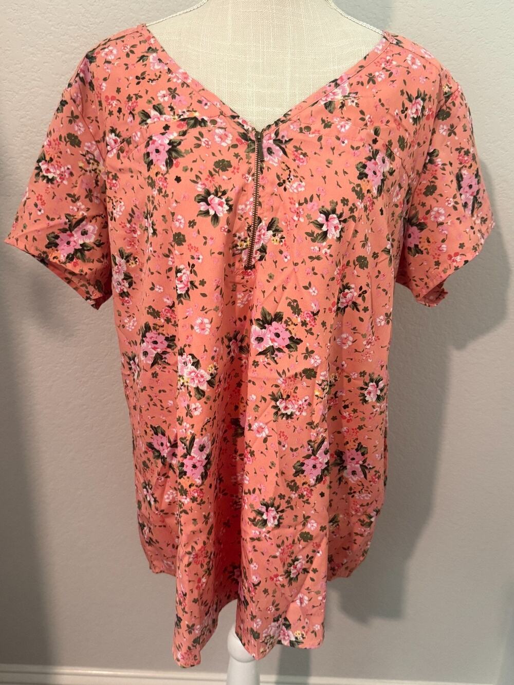 New Glory Women's Blouse Top Peach Floral Flowy Lightweight Short Sleeves - 2XL